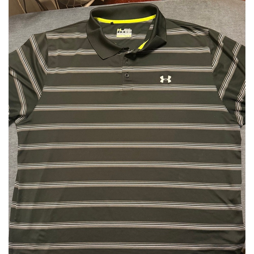 Under Armour Mens‎ 3XL HeatGear Catalyst Striped Polo Shirt Black Gray Loose Fit